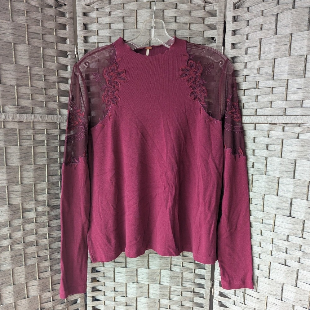 Free People Top‎ Berry Mesh Insert Floral Embroidered Ribbed Long Sleeve Sm Boho